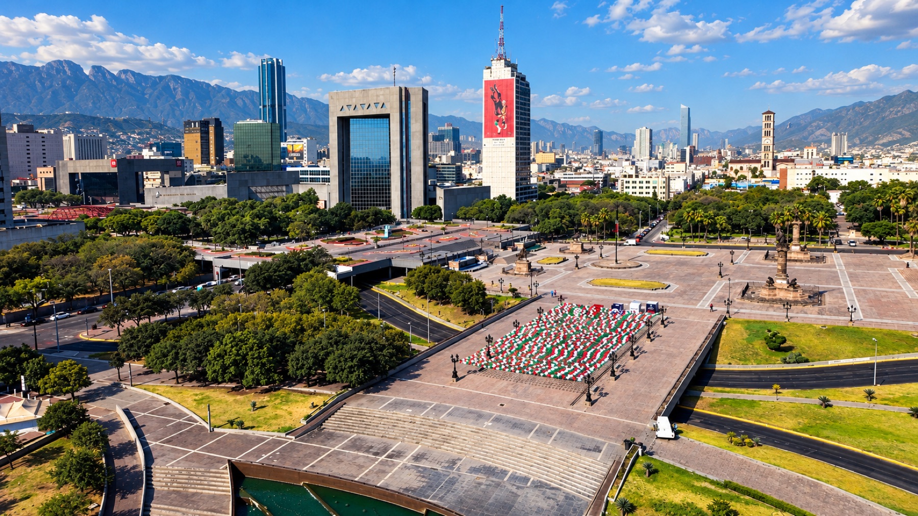 Vista de la Macroplaza de Monterrey entre montañas